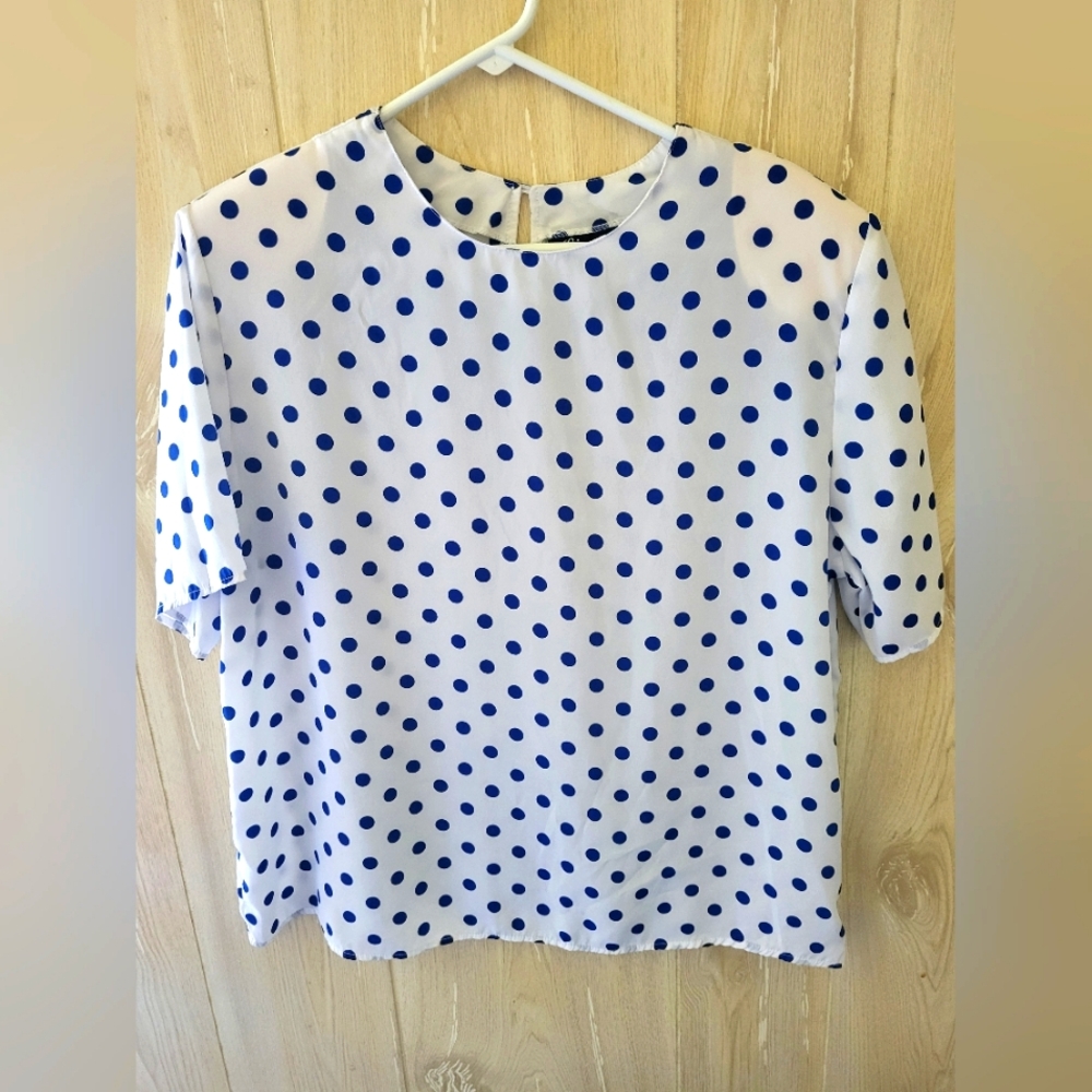 Gianna Ladies Polka-dot Top 100% Polyester White w/Royal Blue Size Large